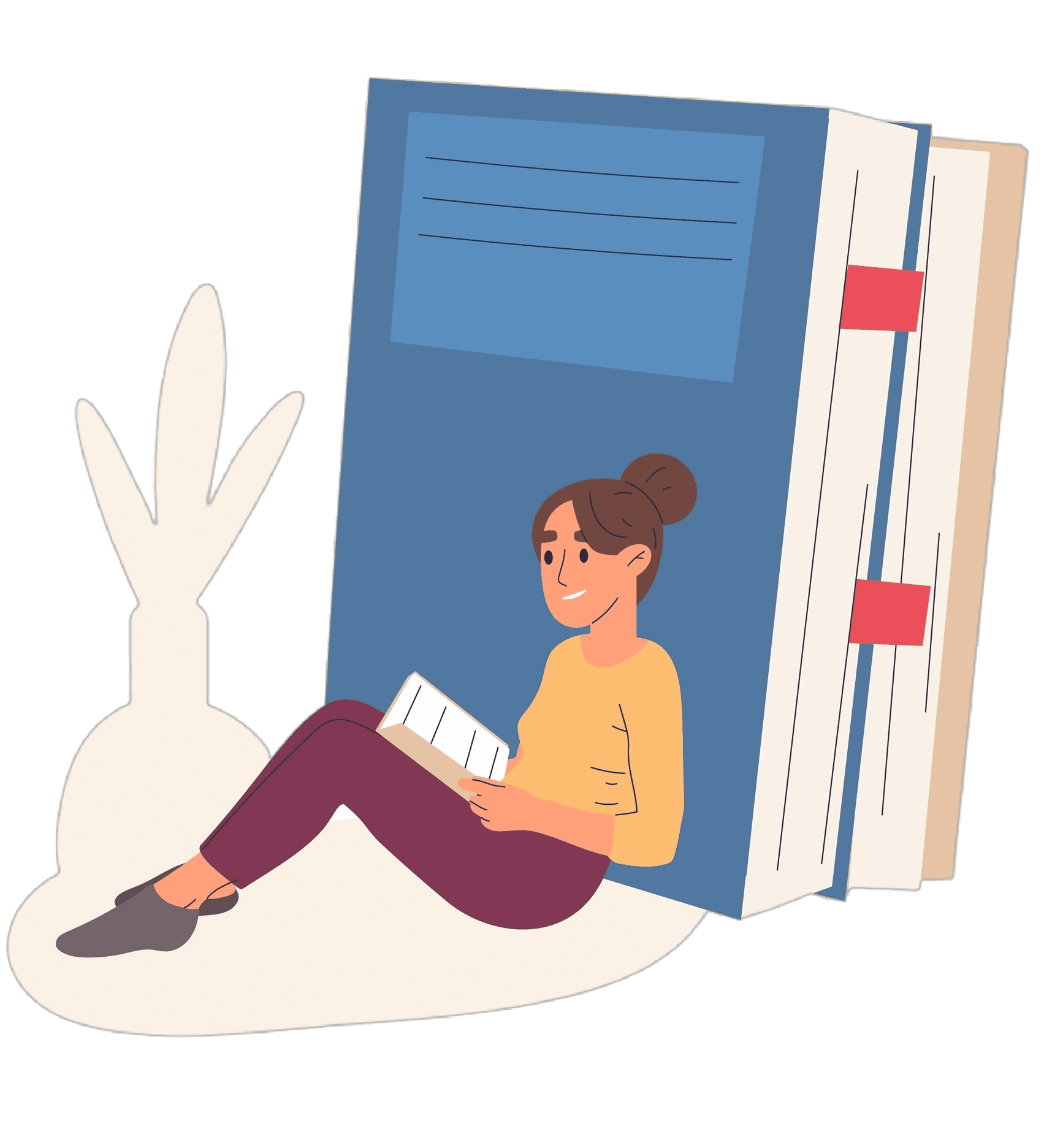 Una ragazza che legge un libroDue mani con la schiena appoggiata su un libro gigante